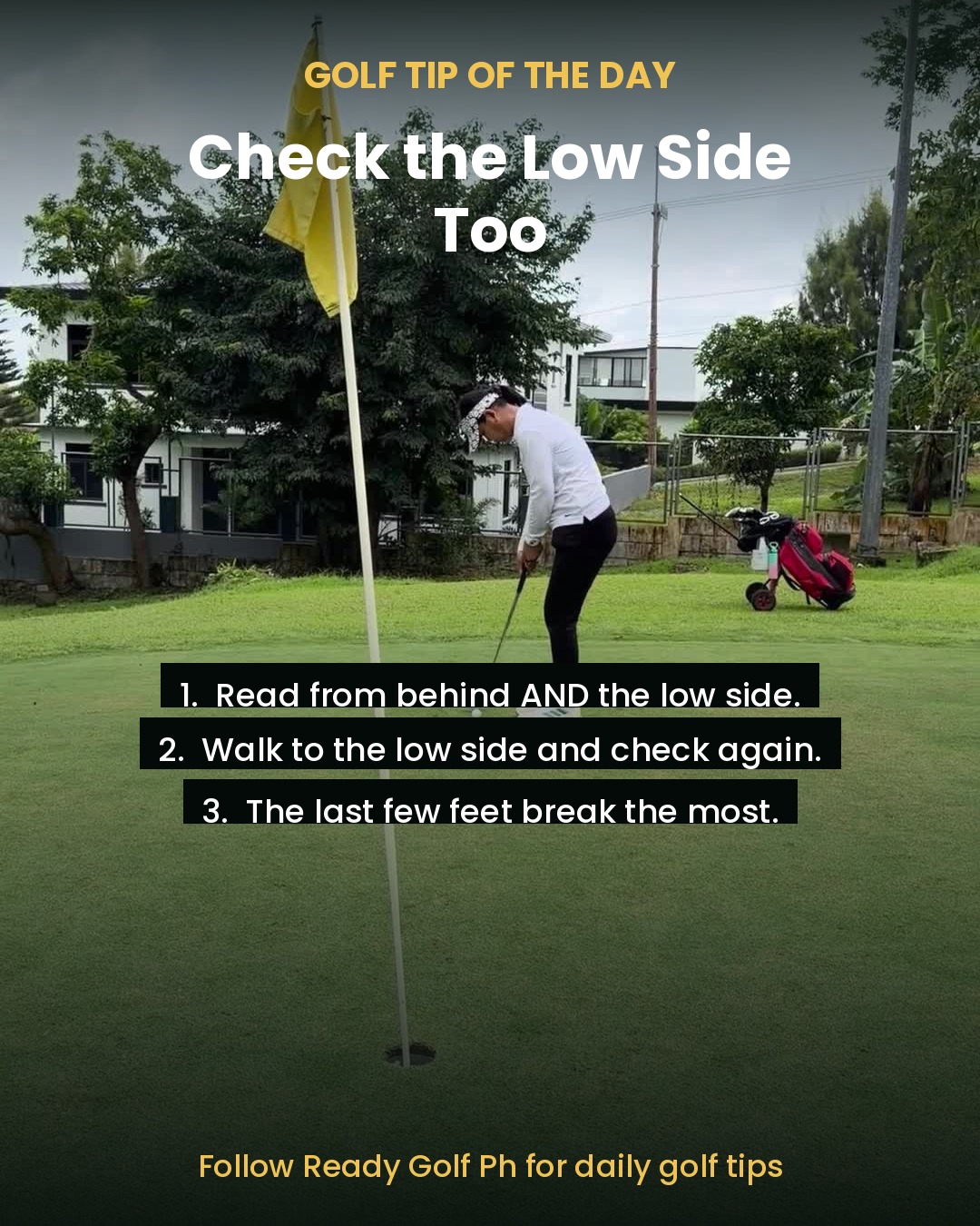 Golfer reading a putt on the green with the flag and hole visible ahead