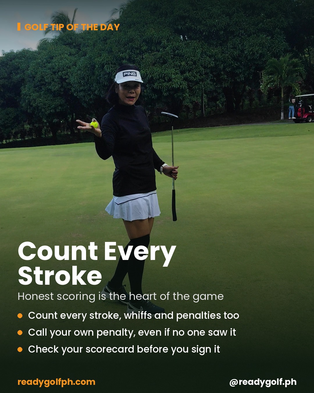 Golfer smiling on the green holding up her ball after holing out - Count Every Stroke golf tip