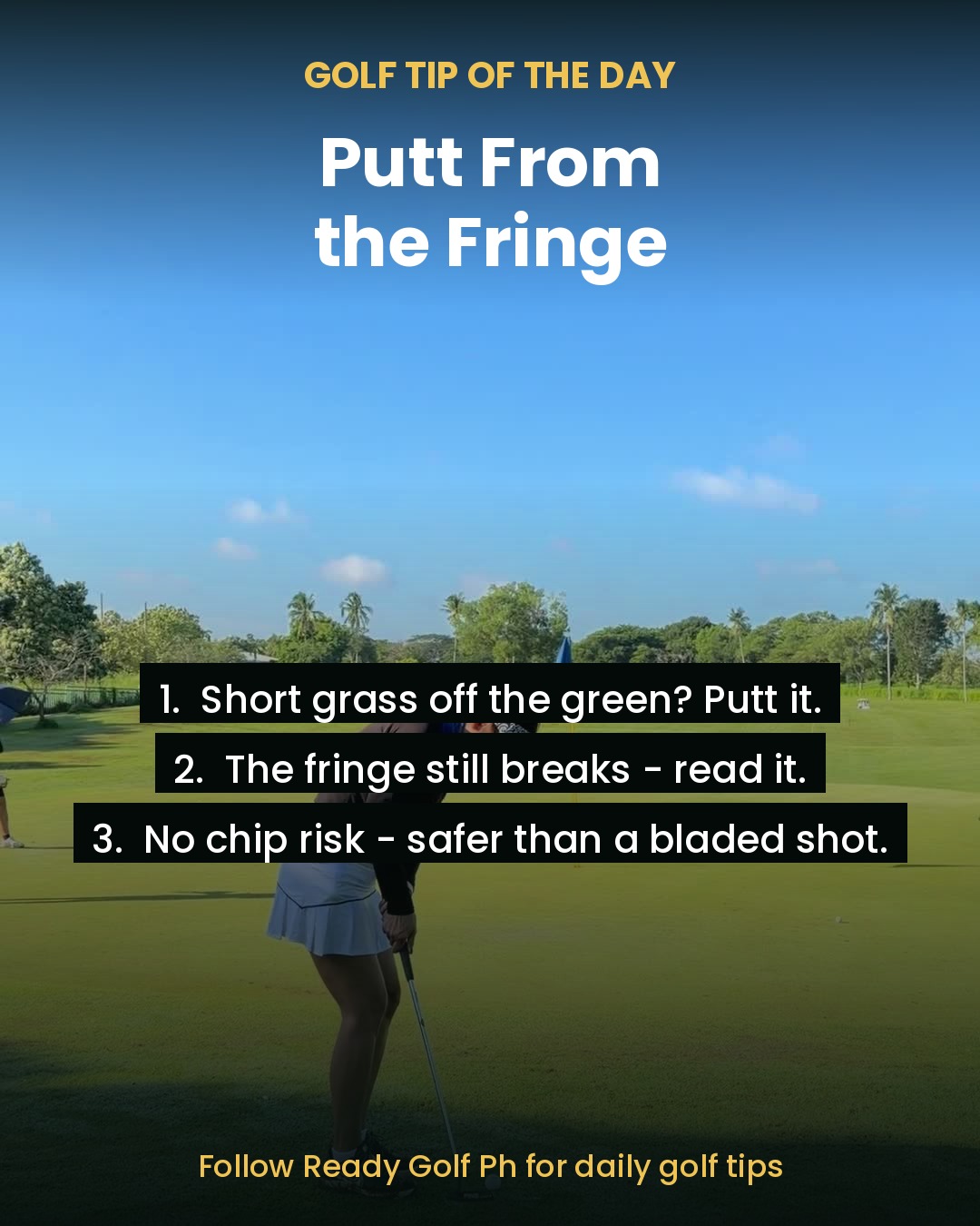 Golfer putting from the fringe just off the green toward the flag