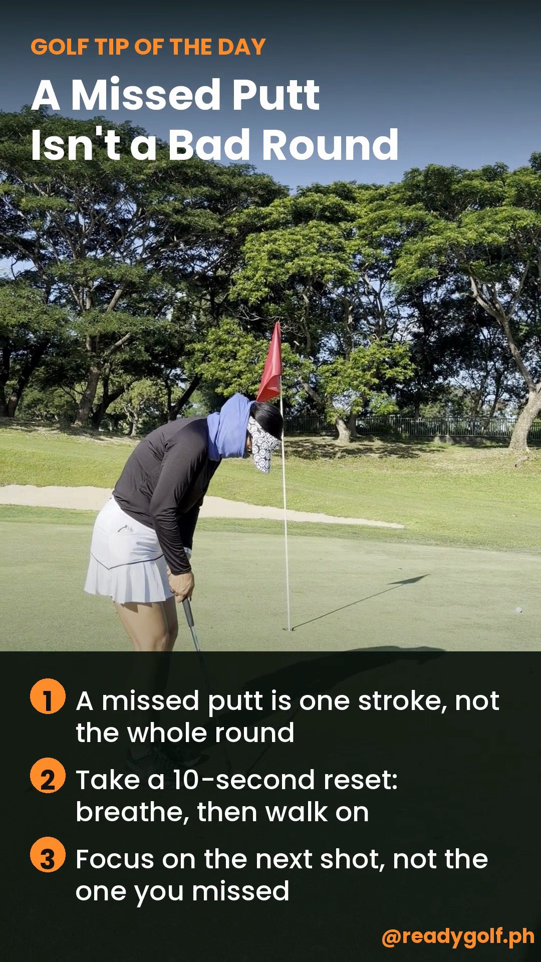 Golfer reacting after missing a short putt on the green next to the flagstick