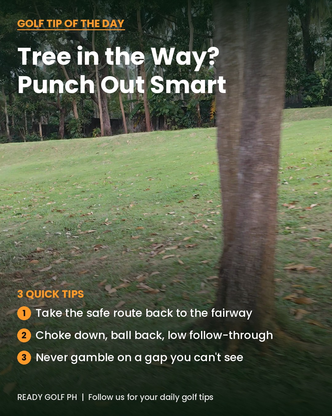 Golf tip poster: Tree in the way? Punch out smart - golf ball behind a tree trunk on the course