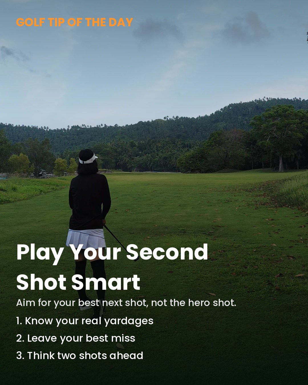 Golfer walking down the fairway sizing up her approach shot, illustrating the Play Your Second Shot Smart golf tip