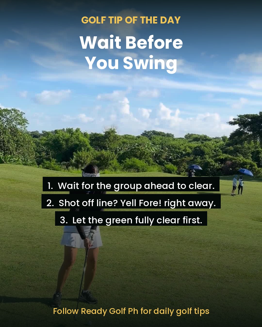 Golfer waiting to hit her approach shot while another group is still visible ahead on the fairway