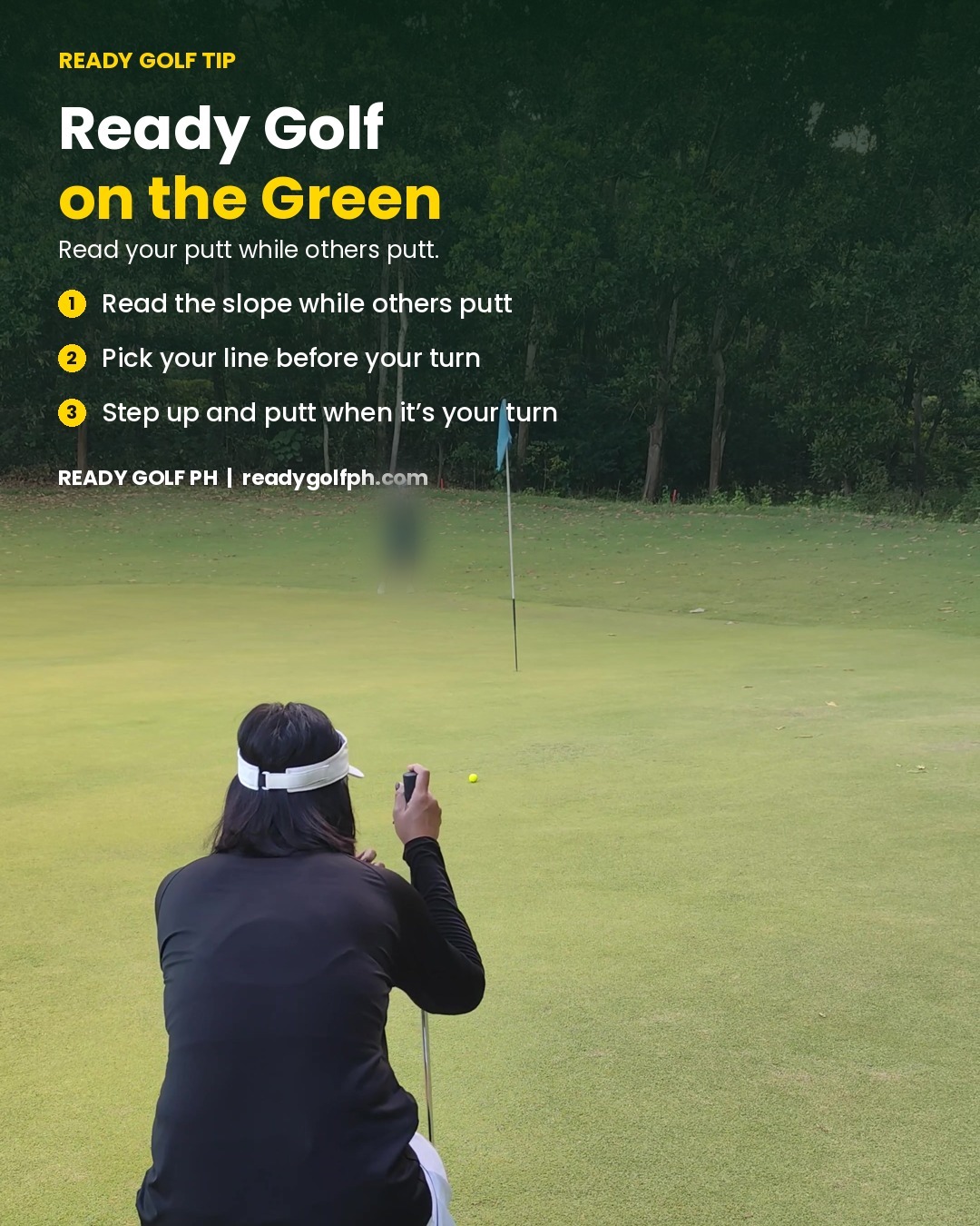 Golfer crouching behind her ball to read the putt - Ready Golf on the Green