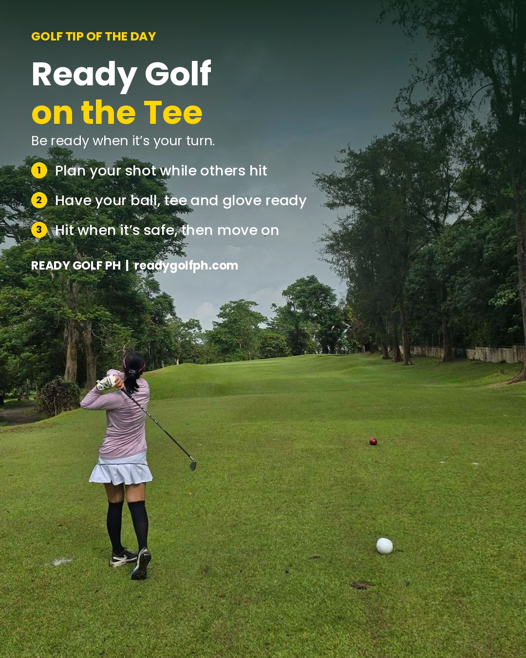 Golfer holding her finish after a tee shot, watching the ball fly down the fairway - Ready Golf on the Tee