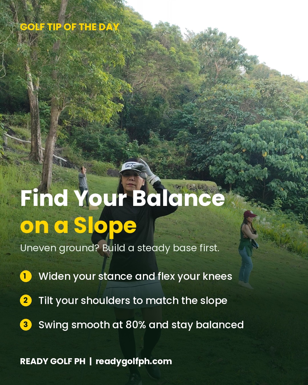 Golfer settling in on a sloping fairway before her shot, with three tips for keeping your balance on a slope
