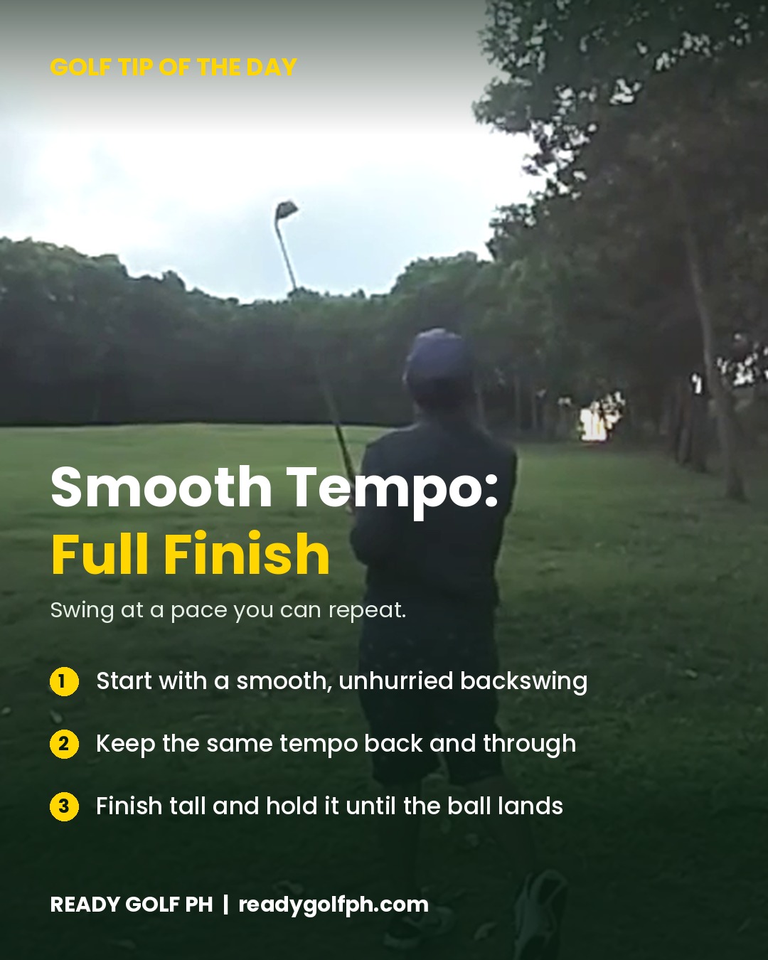 Golfer holding a tall, balanced finish after an iron shot - Smooth Tempo, Full Finish golf tip